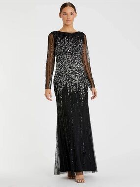 Mac Duggal 9226 Boat Neck Sequin Embellished Long Sleeve A Line Gown Size 12 NWT